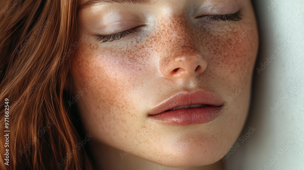 Sticker Close-up Portrait of a Woman with Freckles and Closed Eyes