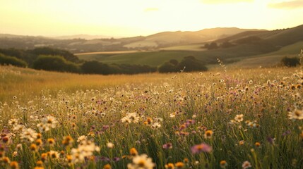 Fototapeta premium Golden Hour Meadow with Blooming Wildflowers and Rolling Hills