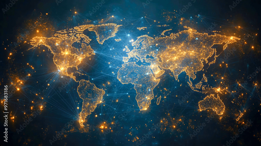 Poster a digital world map glowing with connected networks, representing global data exchange