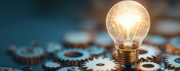 A glowing light bulb atop metallic gears symbolizes innovation and creativity in technology and engineering.
