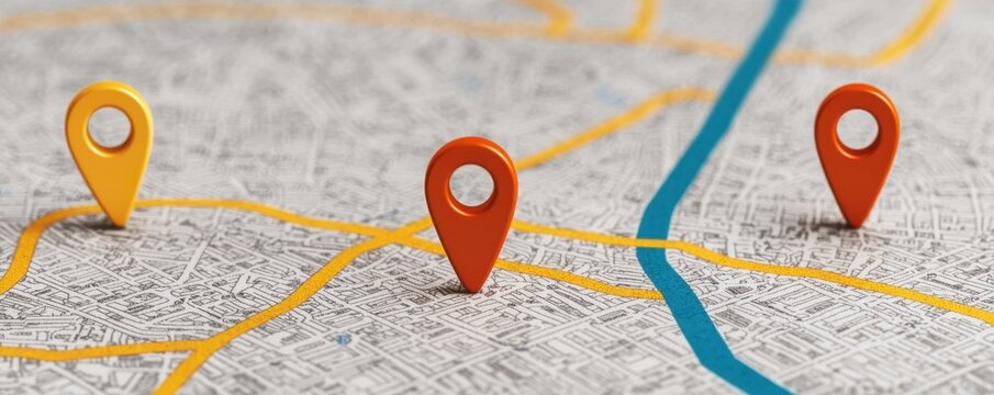 Colorful map pins on a city layout, representing locations and navigation in a modern urban environment.