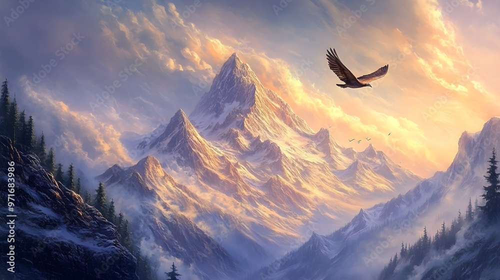 Wall mural Painting of bird soaring with mountain landscape picture