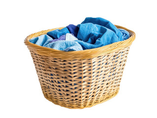 Wicker basket filled with blue clothes on transparent background.