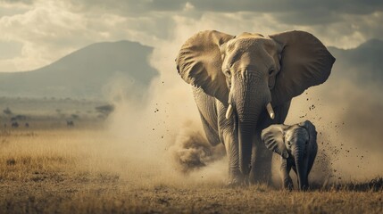 Obraz premium A Mother Elephant and Her Calf Charging Through Dust and Grass