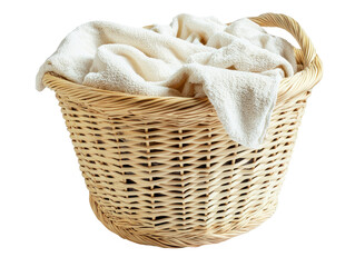 Wicker basket filled with white clothes on transparent background.