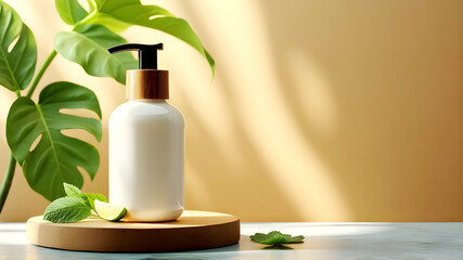 The natural cosmetic skincare bottle. Product presentation. Beauty and body care product concept.