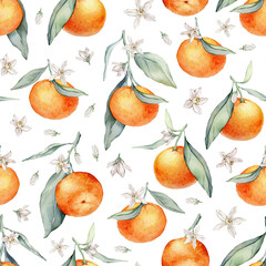 Seamless Pattern with Orange Fruit Branches, green leaves and white flower. Hand drawn watercolor illustration of citrus food for textile design. Print with tangerine on white isolated background.