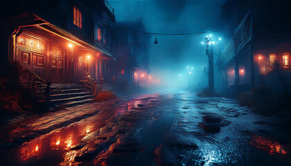 人影のないゴーストタウンの夜。濡れた道路に映り込むネオンの光と、霧に包まれた街角。薄暗い灯りが通りの奥深くまで延び、煙が立ちこめている。