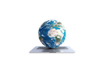 A laptop screen displays a globe on top of it, showcasing a global view with high-definition clarity, ideal for technology, geography, and digital content themes.