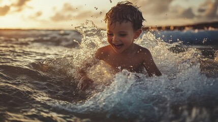 Fototapeta premium Joyful Child Playing in Ocean Waves at Sunset