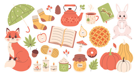 Autumn elements set. Cute and cozy seasonal objects. Fall, Thanksgiving Day. Vector illustration in flat style