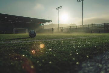 A lone soccer player stands at the corner of a dimly lit field on a foggy evening, preparing to take a corner kick during an intense match under the stadium lights