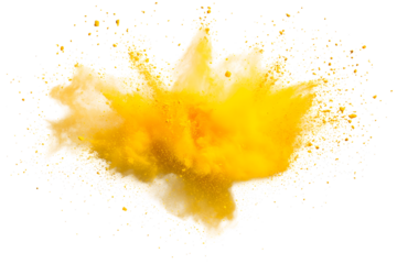 explosion of dry yellow paints on a transparent background. cloud and paint particles. Holi paint