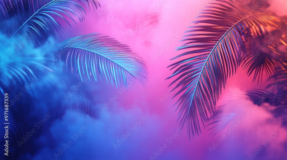 Poster Neon Palm Leaves with Blue and Pink Smoke