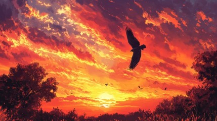 Fototapeta premium A Lone Bird Soaring Through a Fiery Sunset Sky