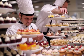 Pastry chefs carefully arranging a display of colorful desserts in a busy bakery during the afternoon