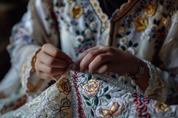 A woman delicately embroiders floral patterns on fabric while wearing a colorful traditional outfit in a serene indoor setting during the late afternoon