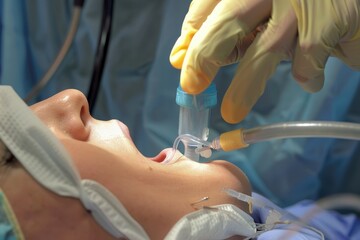 Medical professional administering anesthesia to a patient in an operating room, ensuring safety and comfort during a surgical procedure