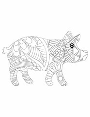 Pig. Coloring page. Coloring book. Anti stress colouring picture with cute piggy. 2025 Chinese New Year animal symbol. Freehand sketch drawing with doodle and zentangle elements.