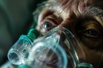 A patient wearing a breathing mask receives care in a hospital room, showcasing the challenging circumstances of medical treatment during serious health conditions