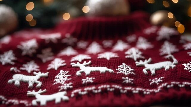 Red knitted christmas sweater with reindeer and snowflakes design, creating a cozy and festive atmosphere for the holiday season