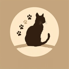 Cat Silhouette with Paw Prints Minimalist Illustration