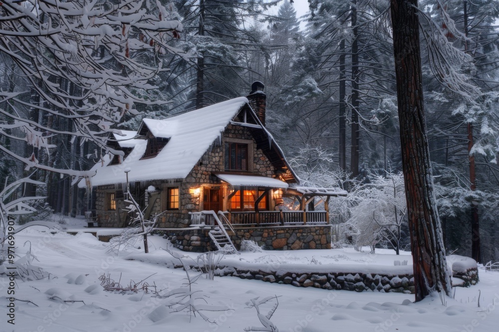 Poster a cozy cabin nestled in a snowy forest at twilight, featuring warm lights glowing from within and tr