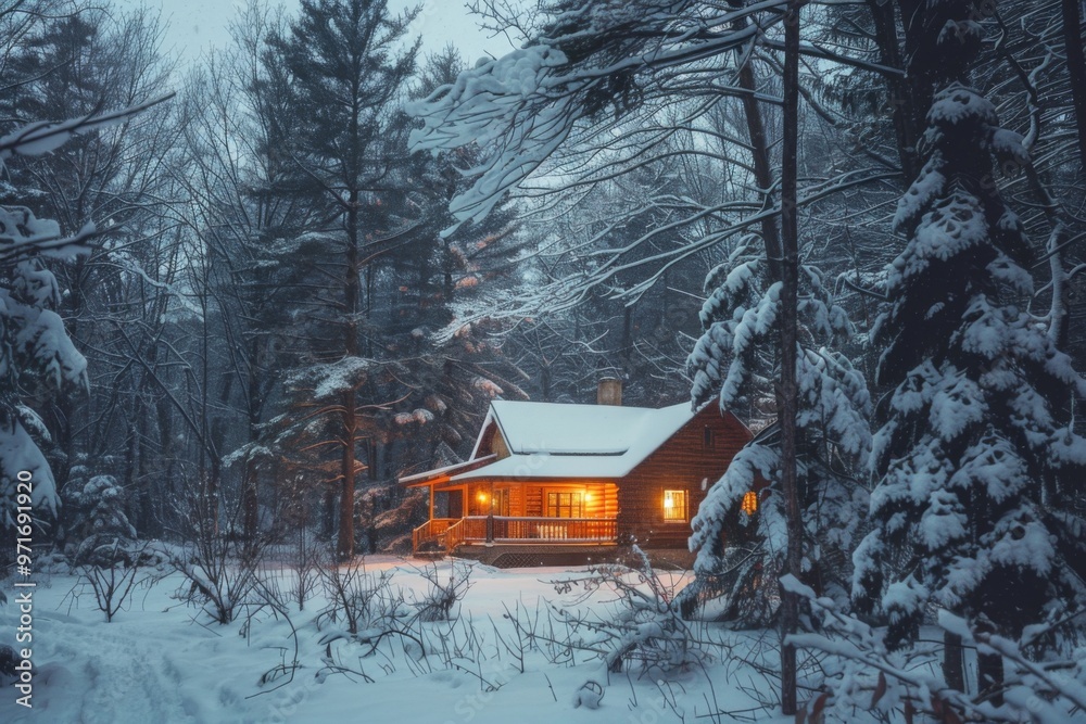 Poster a cozy cabin nestled in a snowy forest at twilight, featuring warm lights glowing from within and tr