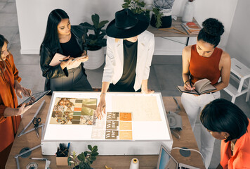 Teamwork, fashion designer or women in meeting for small business, pattern ideas or creative...