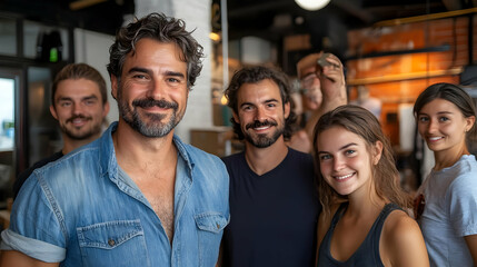 Obraz premium Happy Group of Friends Smiling Together in a Cafe