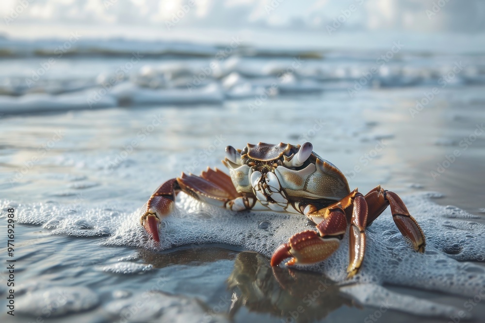 Poster a vibrant crab stands on wet sand at the shoreline during low tide, showcasing its colorful shell wh