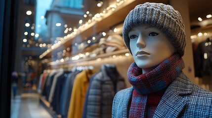 Obraz premium Mannequin in a shop window wearing a hat and scarf.