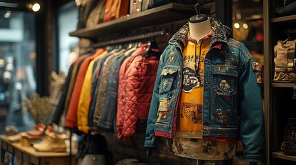 A variety of jackets and clothing on display in a clothing store.
