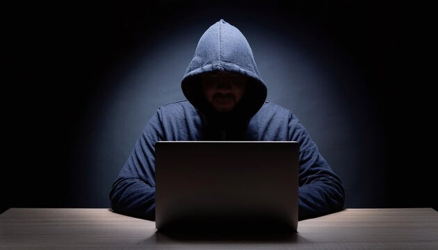 internet security and data protection concept, hacker in dark hoodie hacking into corporate system