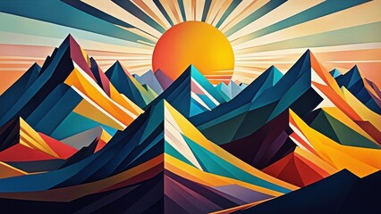 A vibrant, geometric landscape featuring colorful mountains and a rising sun.