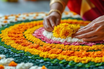 Fototapeta premium A close-up of hands carefully placing fresh flowers to create a vibrant and intricate floral Rangoli.