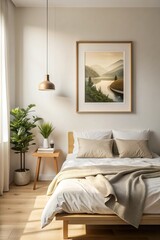 Double bedroom with king size bed, side tables and wooden headboard and white cotton curtains in vacation rental apartment