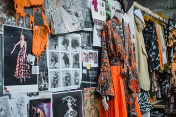 A creative workspace filled with fashion design inspiration, showcasing various sketches, photographs, and fabric swatches on a collage wall in a design studio