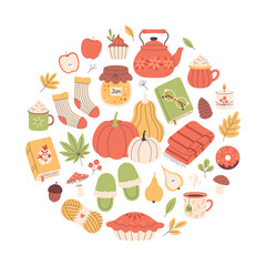 Autumn elements collection. Cute and cozy seasonal objects. Fall, Thanksgiving Day. Vector illustration in flat style