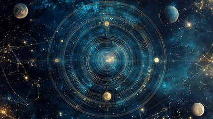 Obraz premium Stunning cosmic illustration showcasing planetary orbits and constellations in a vibrant, starry night sky