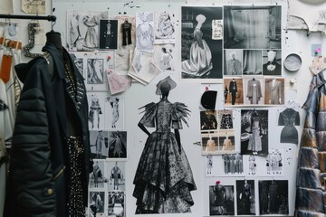 A creative workspace filled with fashion design inspiration, showcasing various sketches, photographs, and fabric swatches on a collage wall in a design studio