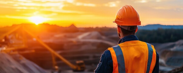 A construction worker in helmet and vest admires a stunning sunset over the site, showcasing dedication and industrious spirit.