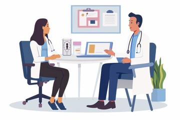 A doctor consulting with a patient in a medical office during the day, discussing health concerns and diagnoses while seated at a desk surrounded by medical charts