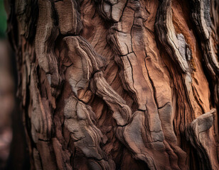 A close-up of weathered tree bark, showing deep grooves and rugged texture. The earthy tones