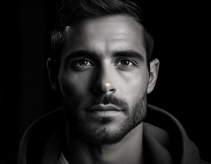 Fototapeta premium A close-up portrait of a man with strong facial features, in black and white, with dramatic