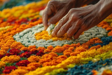 Fototapeta premium A close-up of hands carefully placing fresh flowers to create a vibrant and intricate floral Rangoli.