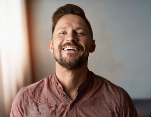 Fototapeta premium A close-up portrait of a person laughing with joy, their eyes closed and head slightly tilte