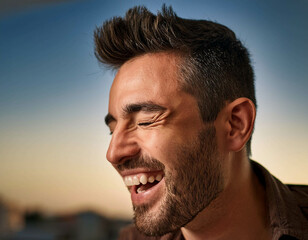 Fototapeta premium A close-up portrait of a person laughing with joy, their eyes closed and head slightly tilte