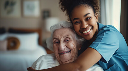 A home health care worker assists an elderly woman in her home	
