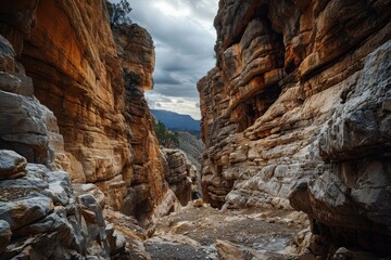 A serene river flowing through a narrow, lush green canyon under a misty sky during early morning hours, showcasing the beauty of nature's formations and tranquility